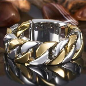 Gold and Silver Tone Braided Chain Ring 7mm Wide Cuban Link Chain Ring